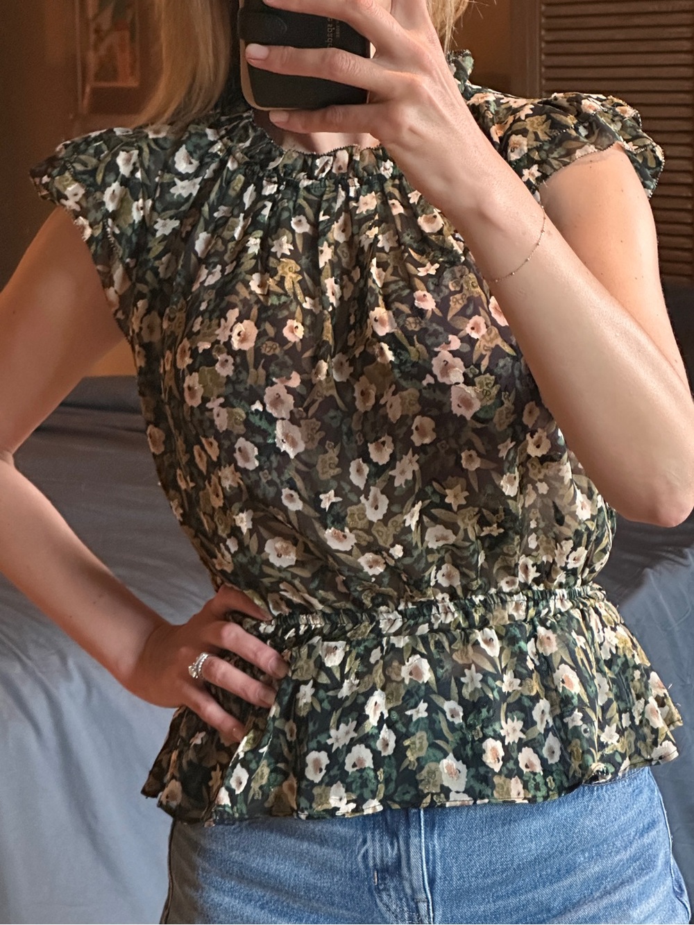 VICI Semi-Sheer Floral Ruffle Sleeve Peplum Top Size S